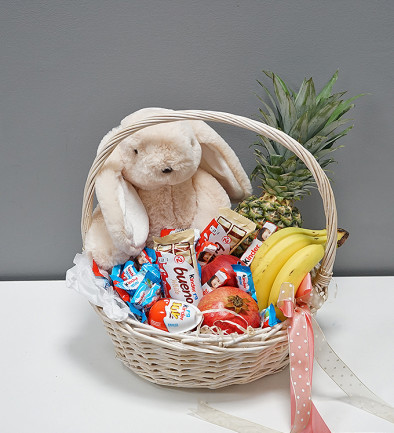 Basket with fruits, sweets, and bunny (on order, 24 hours) photo 394x433